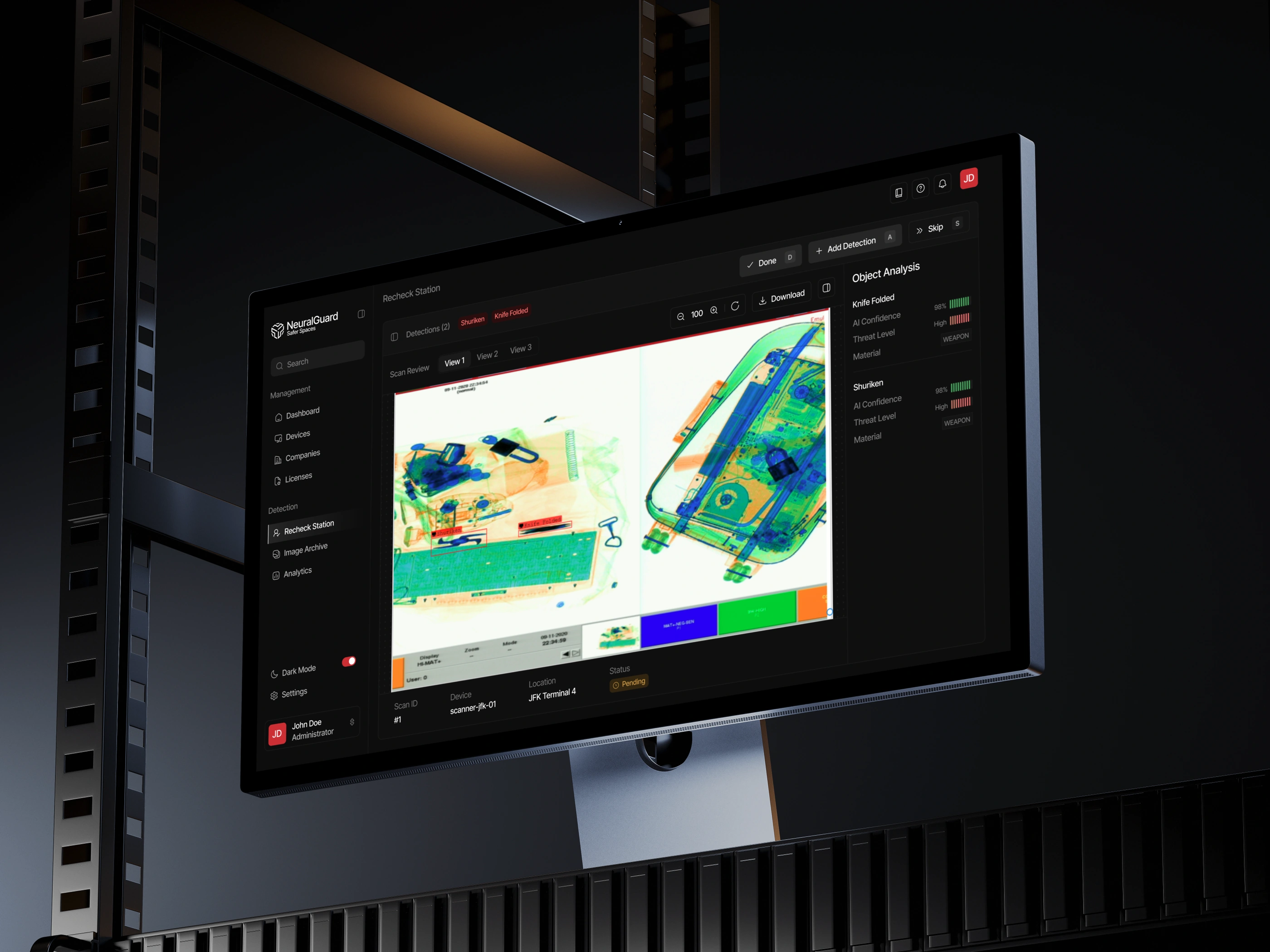 A NeuralGuard Recheck Station display showing an AI-flagged X-ray scan with detected threats
